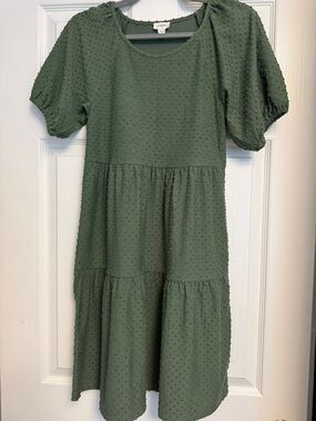 J. Crew Olive Green Swiss Dot Tiered Puff-Sleeve Dress